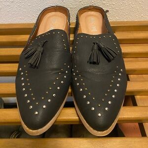 Mi.iM Black Leather Slide Mule with Studs and Tassles
